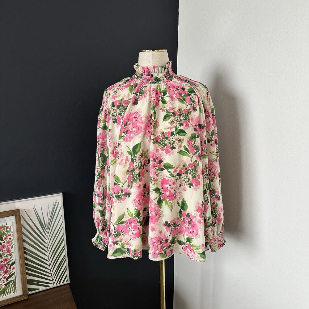 Tuckernuck Lydia Blouse Gossamer Hydrangea Smocked Mock Neck Flowy